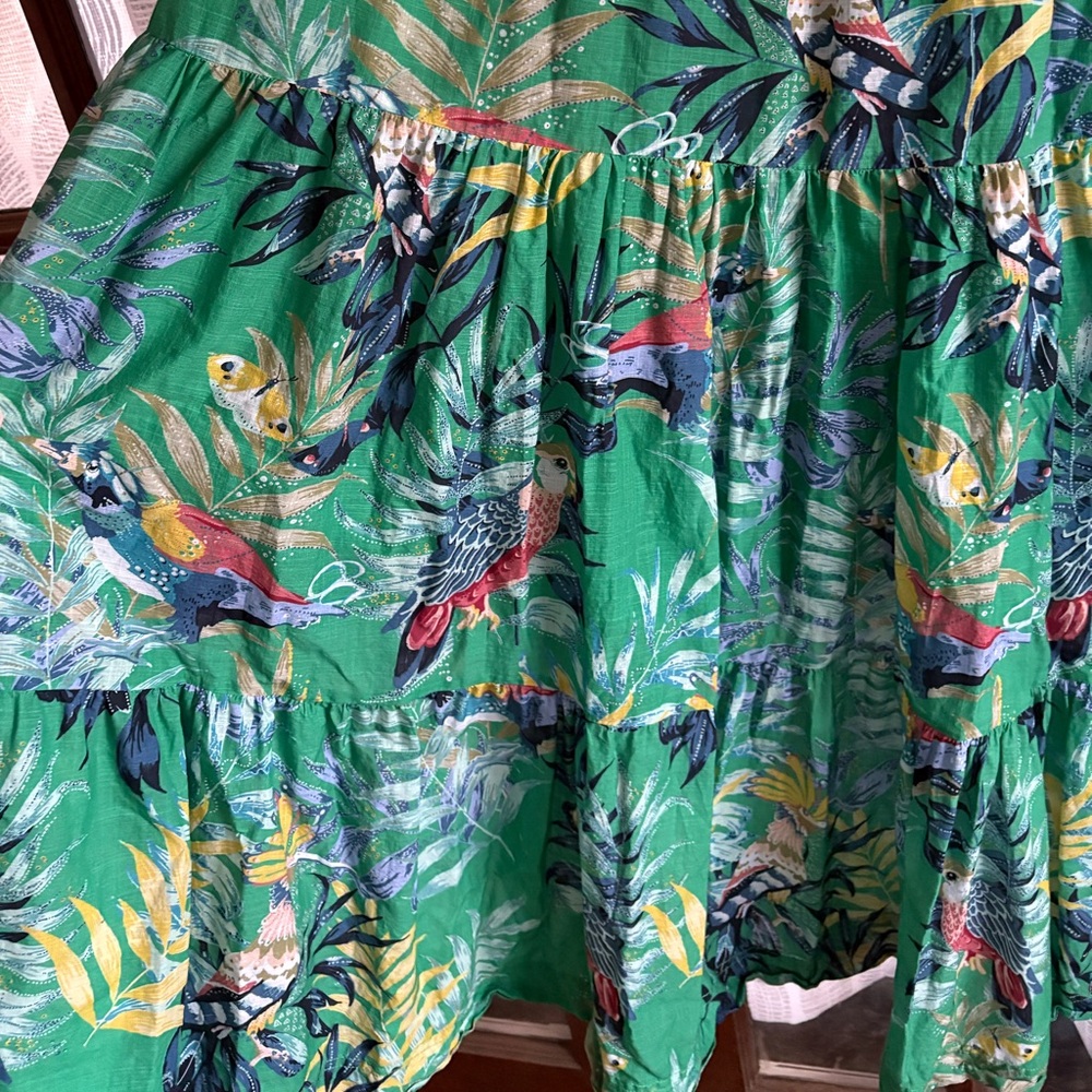 Anthropologie Maeve Tropical Green Tiered Maxi Dress Cotton Birds Butterflies - Picture 9 of 11